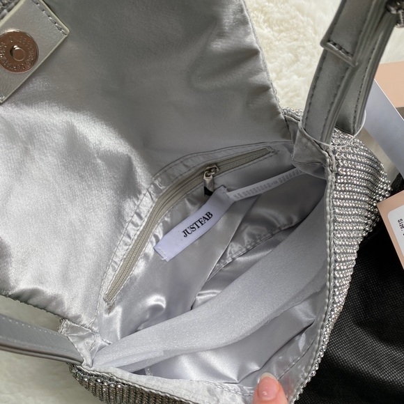 NWT Rhinestone Mesh Shoulder Bag | Silver Metallic Buckle Strap Purse - Picture 6 of 16